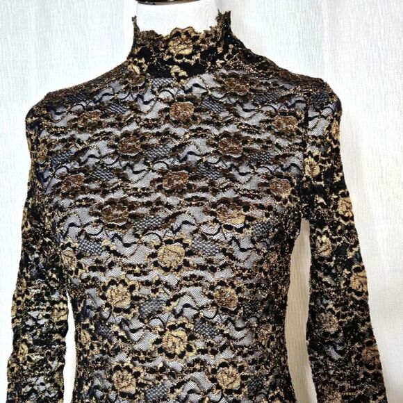 Reba Sheer Mesh Black & Metallic Gold High Collar Button Neck Long Sleeve Bouse - Picture 2 of 12